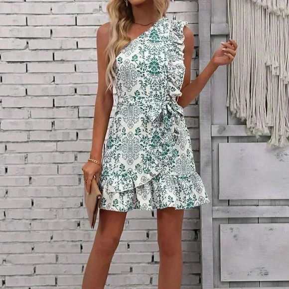 Green Boho Women's Floral Print One Shoulder Ruffle Trim Wrap Hem Belted Dress - Picture 1 of 6